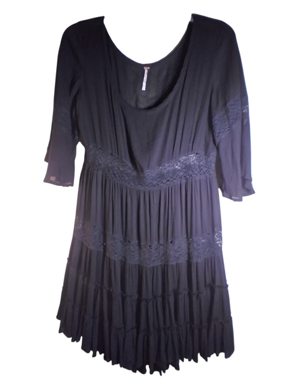 Free People Black Lace-Tiered Scoop Neck Dress Bell Sleeve Flowy Whimsygoth